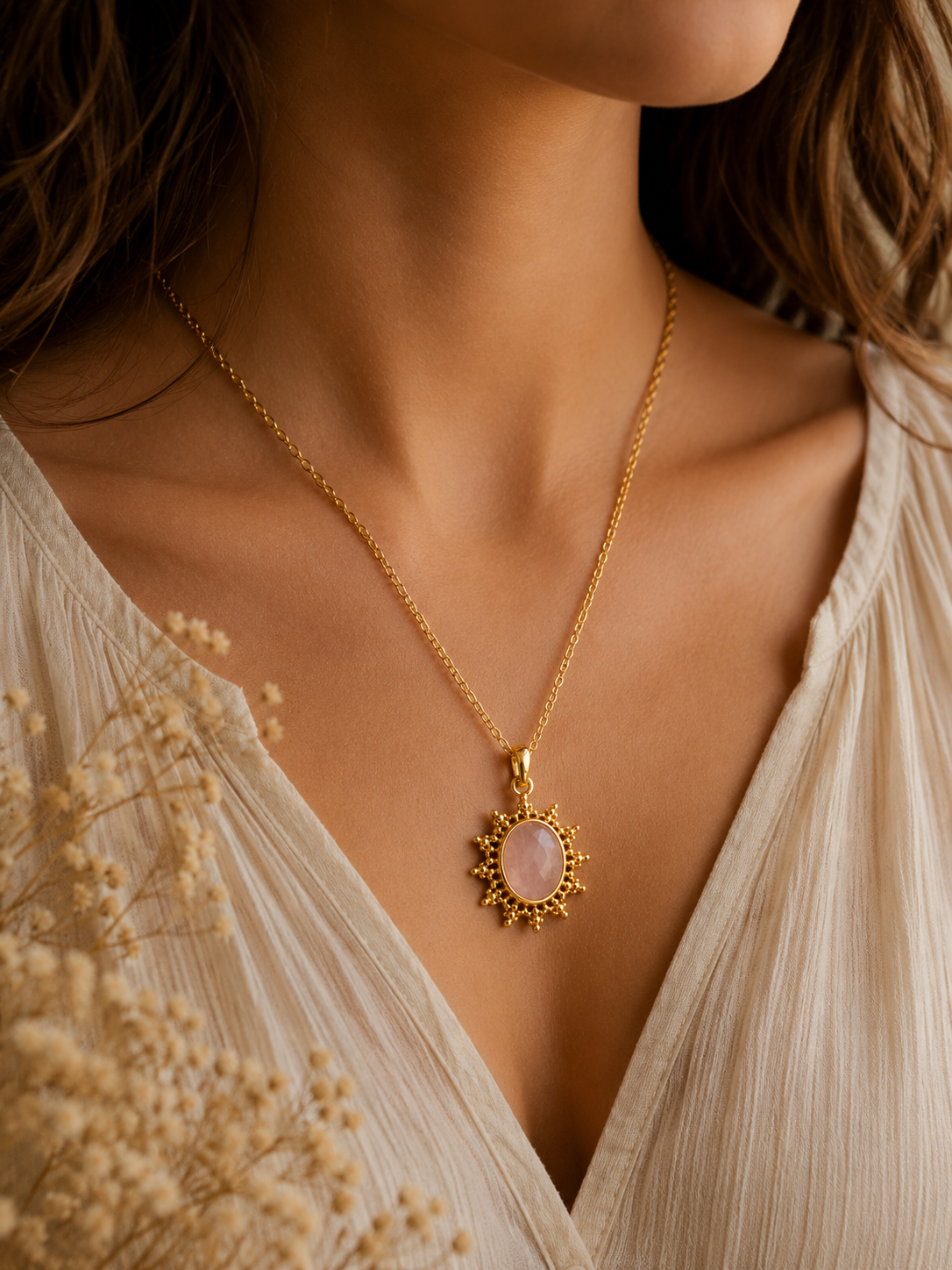 Collier Soline doré – Quartz rose