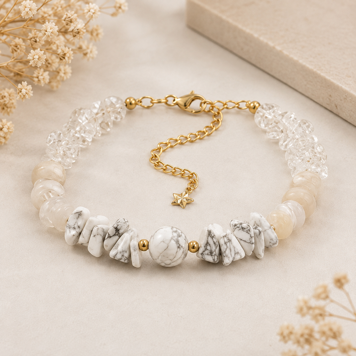 Bracelet Cristal de Roche, Pierre de Lune Beige & Howlite Blanche