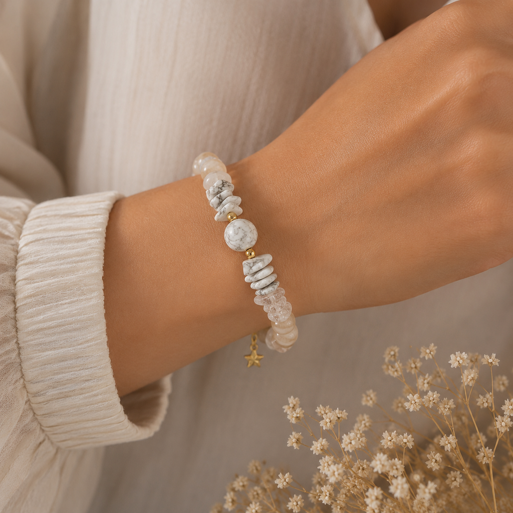 Bracelet Cristal de Roche, Pierre de Lune Beige & Howlite Blanche