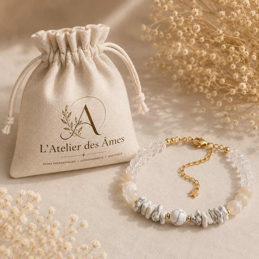 Bracelet Cristal de Roche, Pierre de Lune Beige & Howlite Blanche