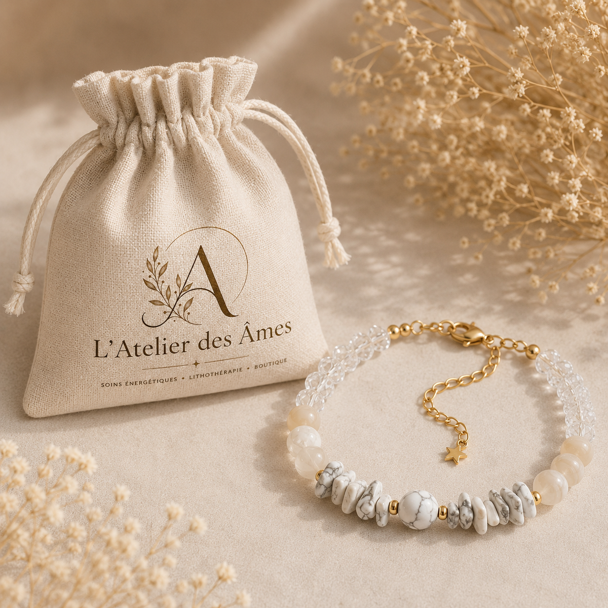 Bracelet Cristal de Roche, Pierre de Lune Beige & Howlite Blanche