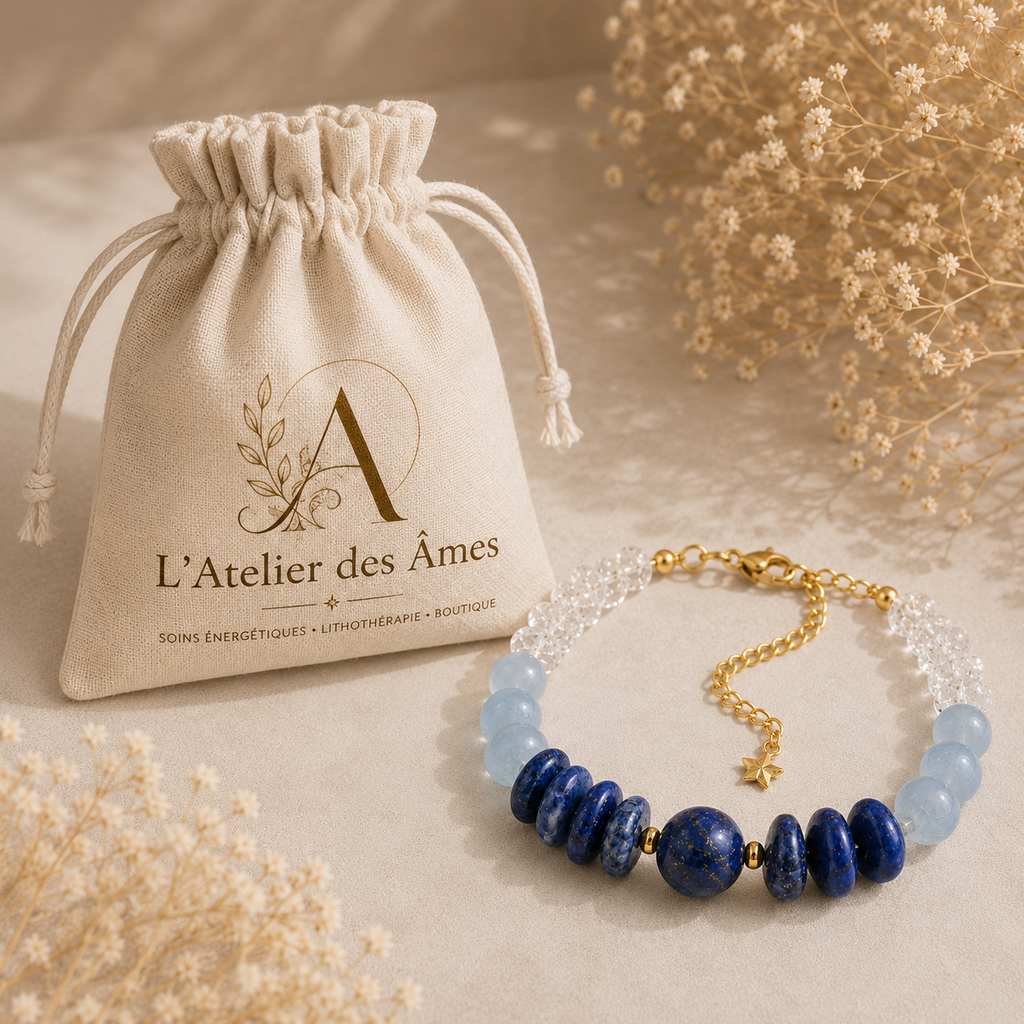 Bracelet Cristal de Roche, Agate Marine, Lapis-Lazuli & Sodalite