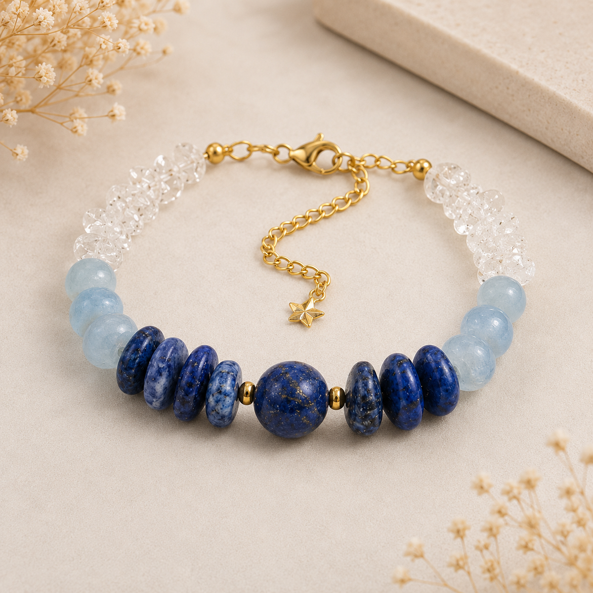 Bracelet Cristal de Roche, Agate Marine, Lapis-Lazuli & Sodalite